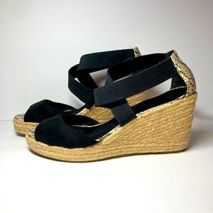 Attention Black Snakeskin Espadrille Wedge Sandals